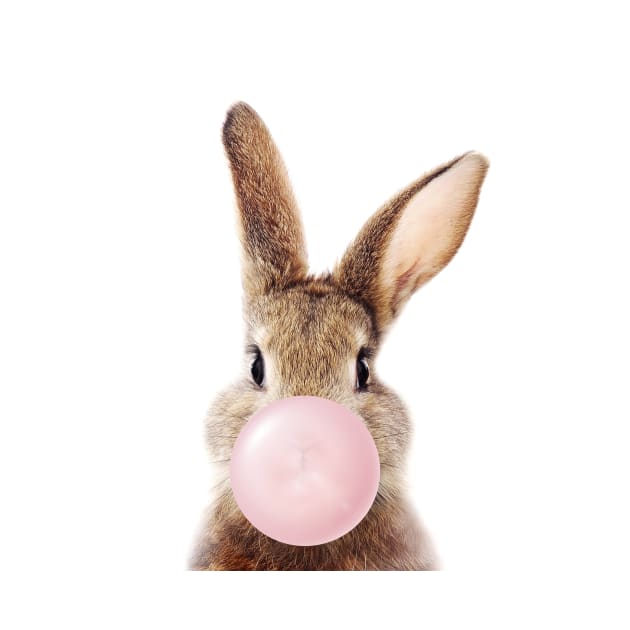 Brown Bunny Blowing Bubble Gum, Pink Nursery, Baby Animals Art Print by Synplus by Synplus