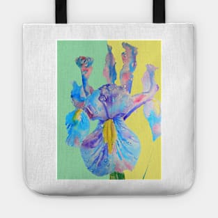 Iris Watercolor Painting - Blue with Raindrops - on Yellow and Mint Tote