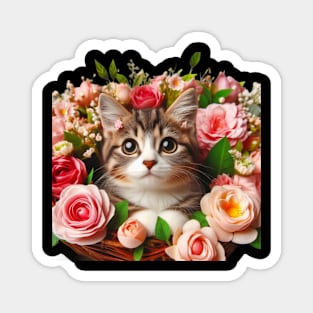 Blossoming Friendship: A Funny and Cute Cat Amongst Beautiful Flowers Magnet