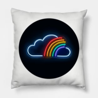 Rainbow Cloud Neon Sign, Digital Illustration Pillow