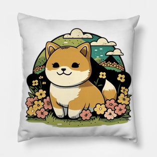 Mountain Adventure: Chibi Shiba Inu in Anime Style Pillow