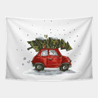 Retro Christmas Car and Tree Tapestry