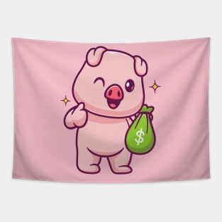 Cute Pig Holding Money Bag With Thumb Up Cartoon Tapestry