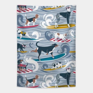 Happy dogs catching waves // pattern // pastel blue background darker blue waves brown white and blue doggies yellow red and turquoise surf and bodyboards Tapestry