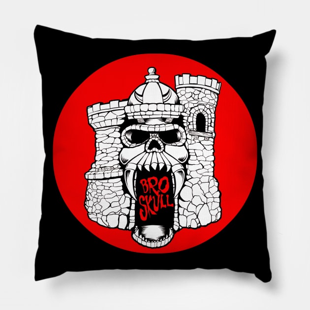 Broskull Logo V.2 White Castle with Red Letters Red Sun Pillow by CastleBroskull