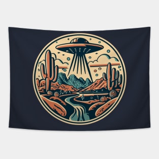 UFO Desert Cactus Retro Illustration - Nostalgic Extraterrestrial Tapestry