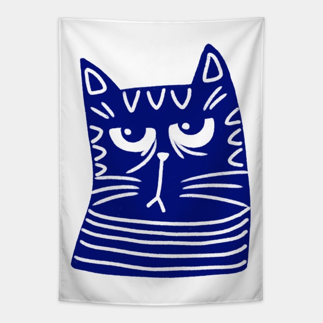 Blue and white cat head with grumpy face Tapestry by iulistration