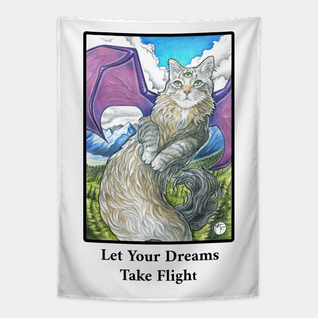 Cat Dragon - Let Your Dreams Take Flight Quote - Black Outlined Version Tapestry by Nat Ewert Art
