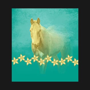 Golden ghost horse on teal T-Shirt