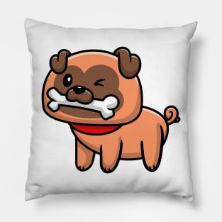 Cute Pug Dog Eat Bone Cartoon Vector Icon Illustration Pillow