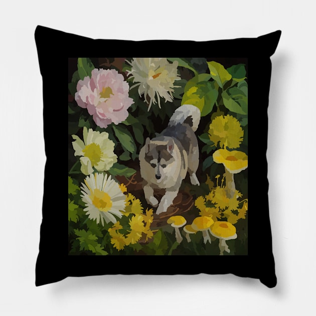 watercolor flowers surrounding a wild Kishu Pillow by Catbrat