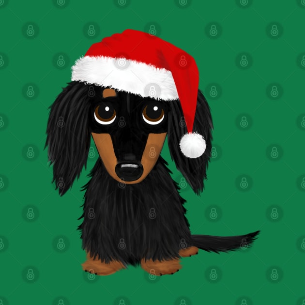 Longhaired Black and Tan Dachshund with Santa Hat Cute Christmas Dog by Coffee Squirrel