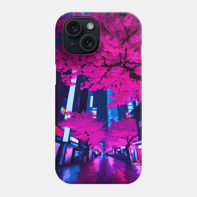 Tokyo City Japan at Night Cyberpunk Cityscape Cherry Blossom Phone Case by Art-Jiyuu