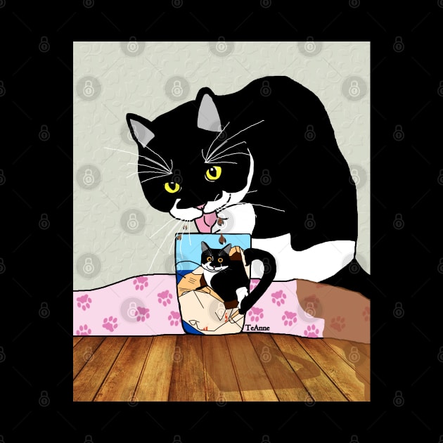 CUTE Tuxedo Cat drink his humans coffee  Copyright TeAnne by TeAnne