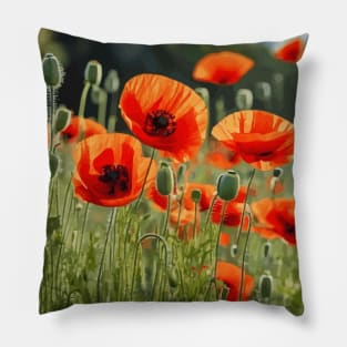 Red Poppy Garden Floral Landscape Pillow