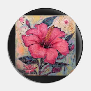 Folk Art Pink Hibiscus Flower Tile Pattern Pin