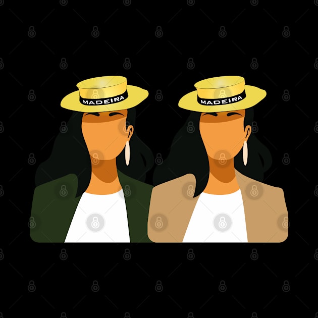 Madeira Island female couple no face illustration using the traditional straw hat by Donaby