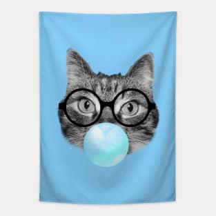 Cute fluffy cat blowing a blue bubble gum Tapestry