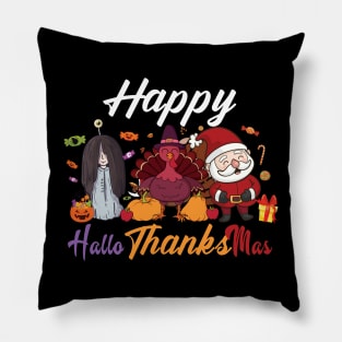 Happy HalloThanksMas Halloween Thanksgiving Christmas Pillow