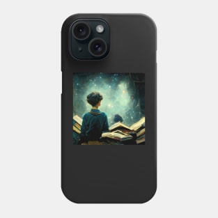 Young boy standing in a pile of books while staring at the universe Phone Case