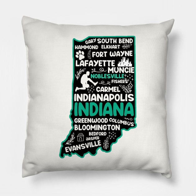 Noblesville Indiana cute map Evansville, Carmel, South Bend, Fishers, Bloomington, Hammond, Gary, Lafayette Pillow by BoogieCreates