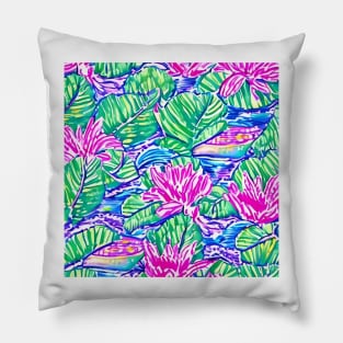 Lilly Pulitzer inspired waterlilies on evening pond Pillow