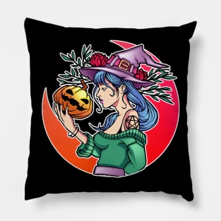 Halloween Cute Witch With Pumpkin and the Moon Pillow