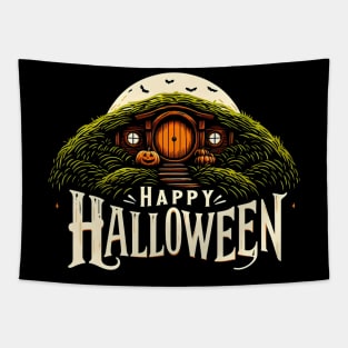 Happy Halloween - Halfling Home by the Full Moon - Fantasy Halloween Tapestry