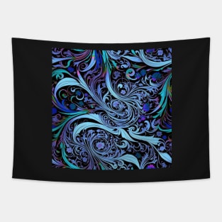 Psychedelic Art Nouveau Alphonse Mucha Blue on Black Floral Graphic Print Tapestry