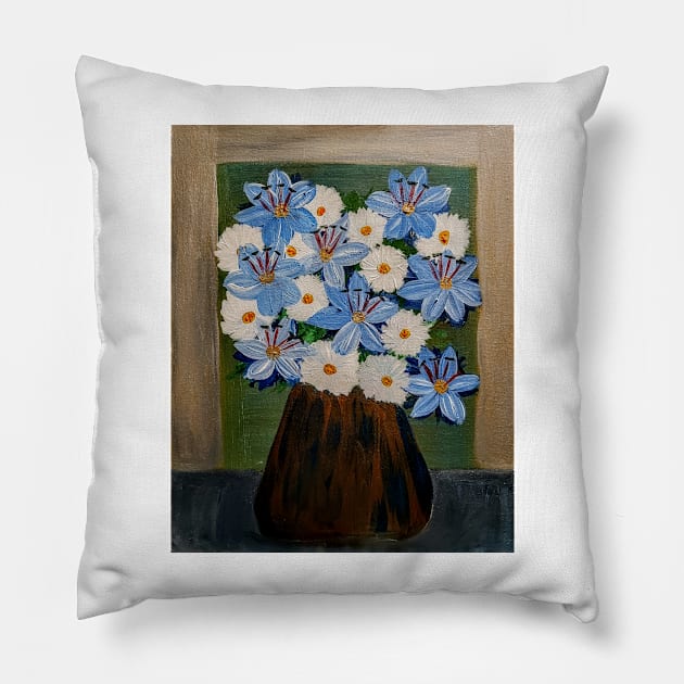 Some lillys and carnations in a bronze vase Pillow by kkartwork