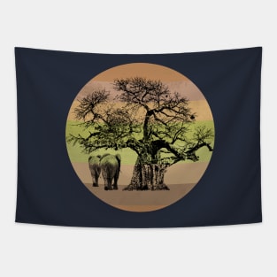 Baobab Tree and Elephants on Retro-style Sunset in Africa Colors Tapestry