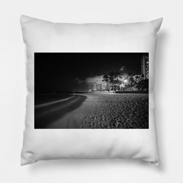 Beach palm trees and  buildings of Waikiki from beach on tropical island  night Pillow by brians101