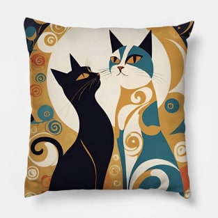 Gustav Klimt's "The Kiss" Inspired Cats: Whimsical Feline Romance Pillow