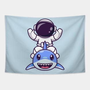 Cute Astronaut With Cute Shark Cartoon Tapestry