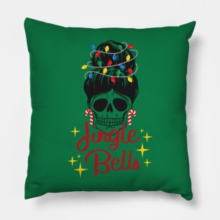 Red and Black Illustration Skull Messy Bun Merry Christmas Pillow