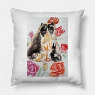 Tuxedo Cat Watercolor Painting and Roses Pillow