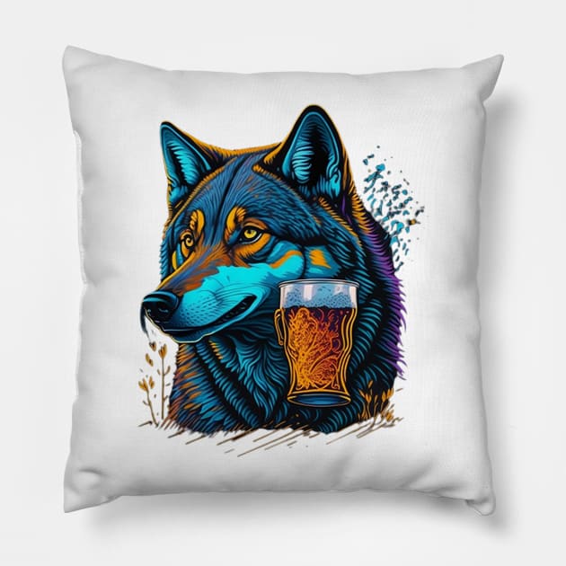 Wolf With A Beer Mug Pillow by likbatonboot