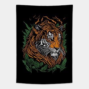 Tiger Head Leaves and Flames Tapestry