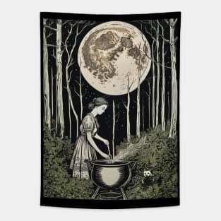 Green Witch on a Full Moon Tapestry