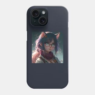 Realistic illustration of woman cat with green eyes in anime style Phone Case