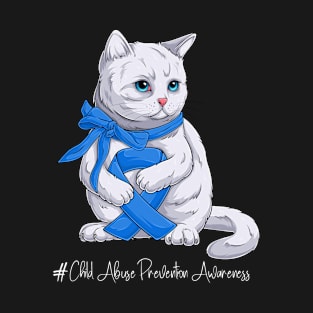 Cute Cat Child Abuse Prevention Awareness Month Blue Ribbon Survivor Survivor Gift Idea T-Shirt