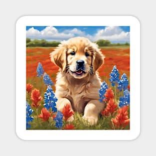 Golden Retriever Puppy in Texas Wildflower Field Magnet