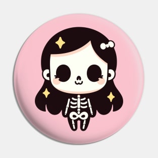 Cute Skeleton Girl in Kawaii Chibi Style | Happy Halloween Skeleton Costume Pin