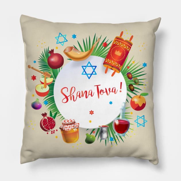Happy Rosh Hashanah - Shana Tova! Autumn New Year Jewish Holiday Paty Vintage Decoration Pillow by sofiartmedia