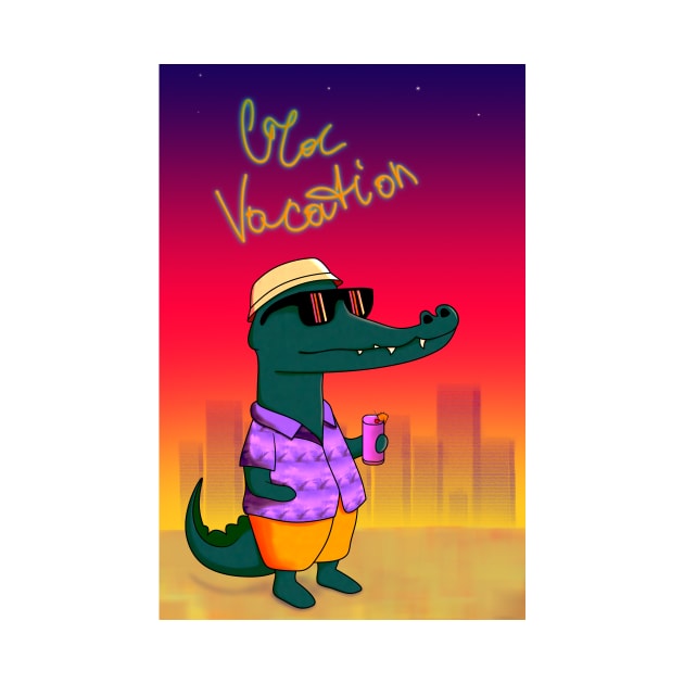 Cute crocodile in sunglasses drinking a cocktail on the beach by Cybertrunk