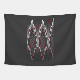 Graphic with triangles in white, red to black. Tapestry