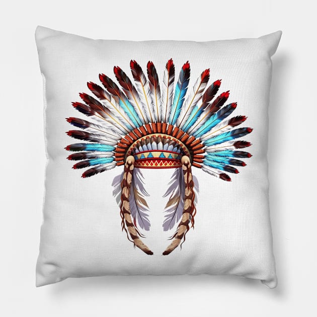 Native American Feather Headdress #3 Pillow by Chromatic Fusion Studio