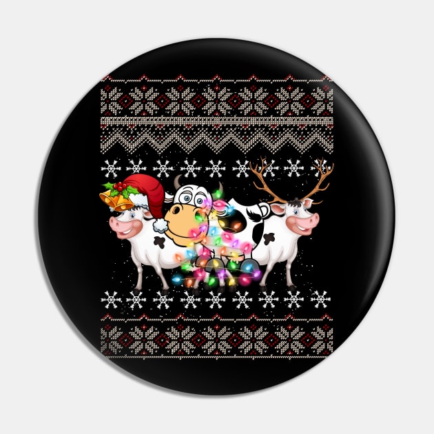 Funny Christmas Three Cow Farm Cute Gift Love Lights Santa Hat Pin by thuden1738