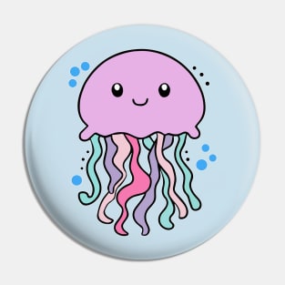 Happy smiling baby jellyfish with bubbles. Kawaii cartoon Pin