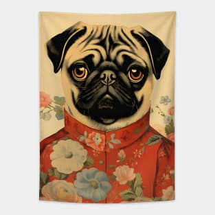 Floral Pug Dog Portrait in Suit Vintage Art Tapestry